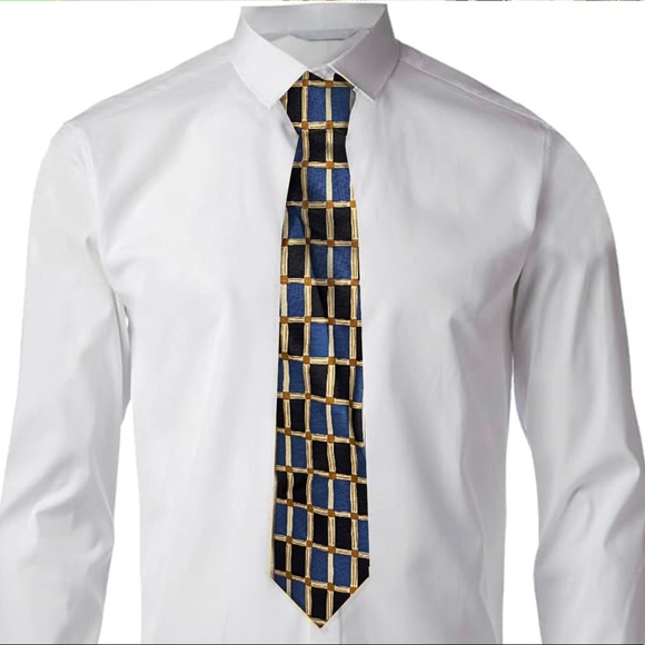 Perry Ellis Regular Fit Black Blue Gold Grid Silk Necktie - Picture 1 of 2